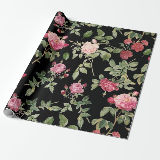 Modern Floral Roze Zwart Roos Cadeaupapier (Uitgerold)
