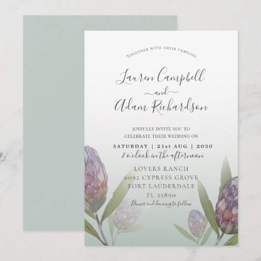 Modern Floral Sage Green Paars Wedding Invitation Kaart (Voorkant / Achterkant)