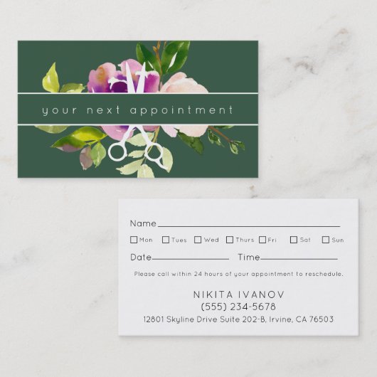 Modern Floral Salon Scissors Logo Benoeming Visitekaartje (Voorkant / Achterkant)