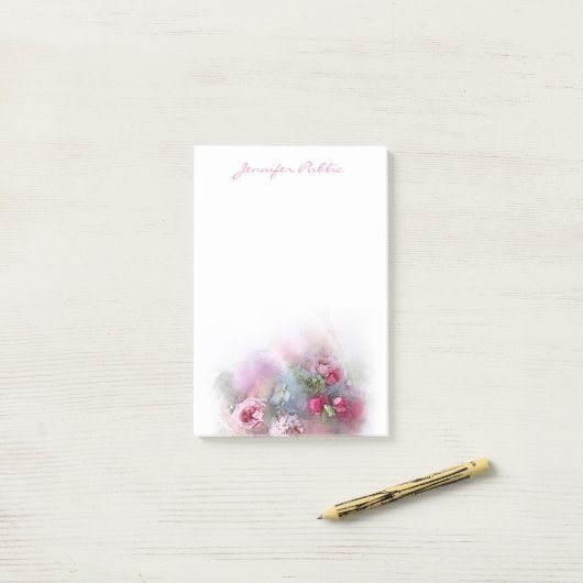 Modern Floral Sjabloon Waterverf Rozen Script Post-it® Notes (Op bureau)