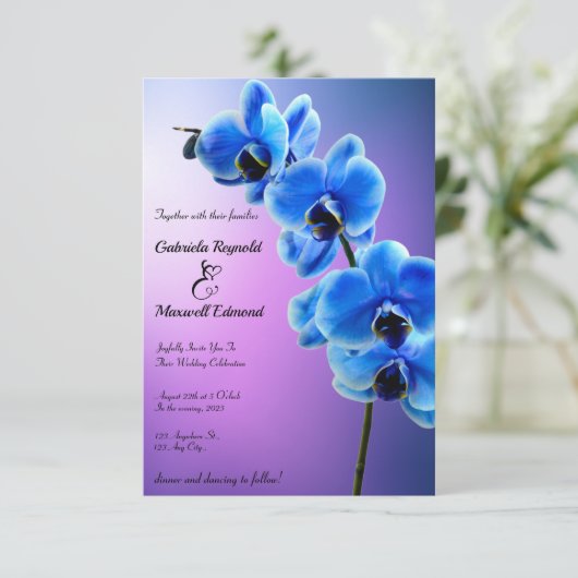 Modern Floral Sky Blue Orchids Bruiloft Kaart (Staand voorkant)