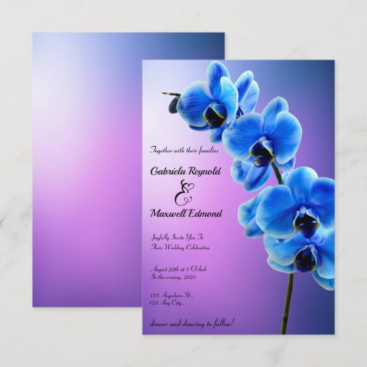 Modern Floral Sky Blue Orchids Bruiloft Kaart (Voorkant / Achterkant)