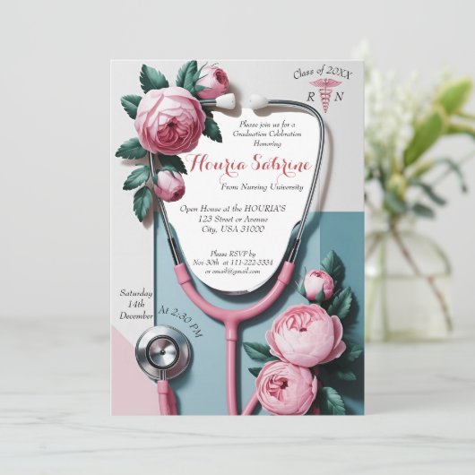 Modern Floral Stethoscope Afstuderen uitnodiging (Staand voorkant)