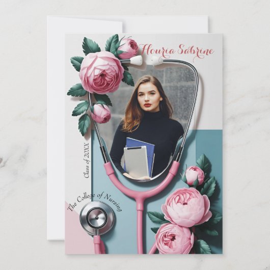 Modern Floral Stethoscope Afstuderen uitnodiging (Achterkant)