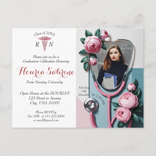 Modern Floral Stethoscope Afstuderen uitnodiging (Voorkant)