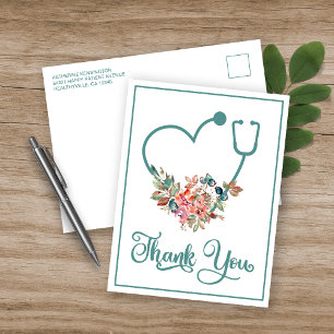 Modern Floral Stethoscope Heart Nurse Dank je Briefkaart
