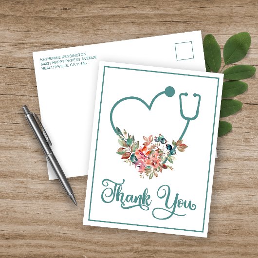 Modern Floral Stethoscope Heart Nurse Dank je Briefkaart