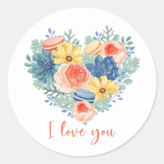Modern Floral Succulent Macaron Heart | Ik hou van Ronde Sticker (Voorkant)