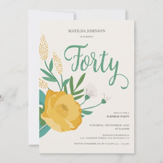 Modern Floral Surprise 40ste verjaardagsfeestje Kaart (Voorkant)