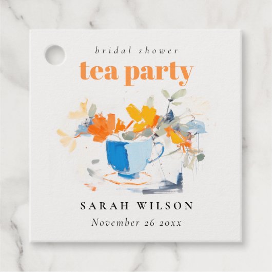 Modern Floral Tea Cup Vrijgezellenfeest Tea Party Bedankjes Labels (Voorkant)