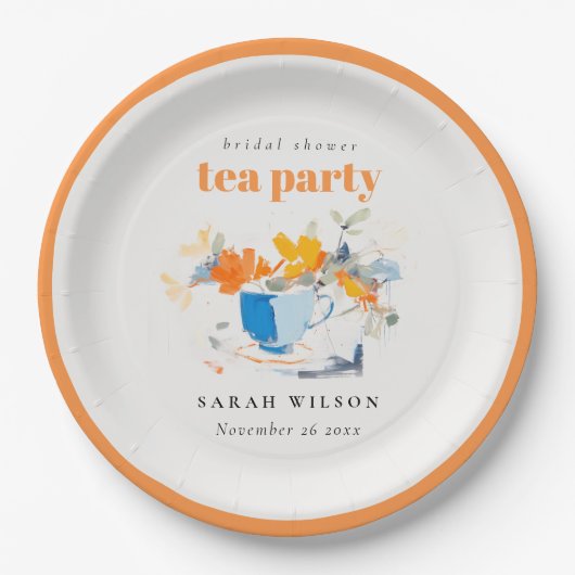 Modern Floral Tea Cup Vrijgezellenfeest Tea Party Papieren Bordje (Voorkant)