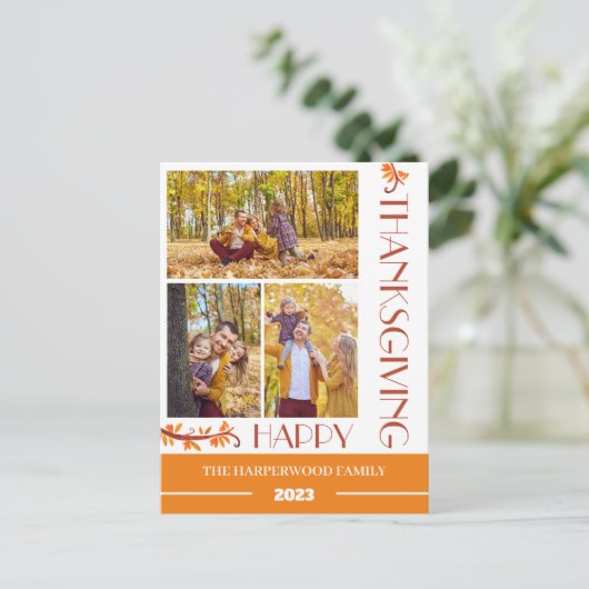 Modern Floral Thanksgiving Familiefoto Collage Feestdagenkaart (Staand voorkant)
