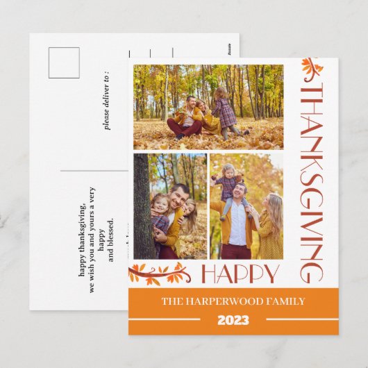 Modern Floral Thanksgiving Familiefoto Collage Feestdagenkaart (Voorkant / Achterkant)
