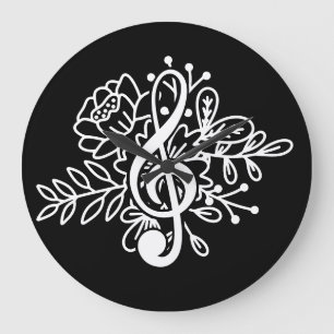 Modern Floral Treble Clef Black Music Lovers Grote Klok