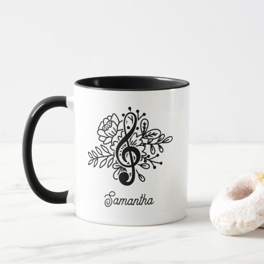 Modern Floral Treble Clef Black White Music Lovers Mok (Met donut)