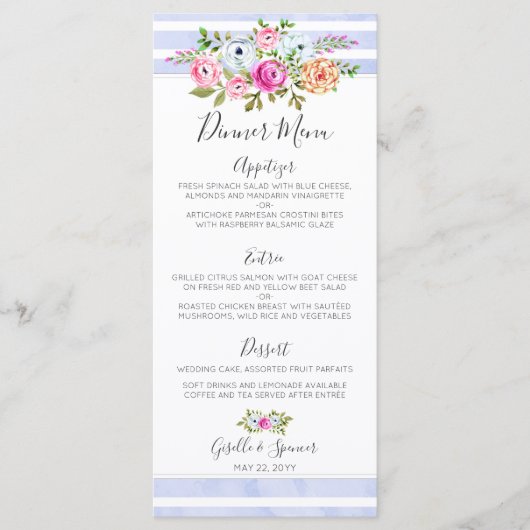 Modern Floral Waterverf Navy Stripe Diner Menu (Voorkant)