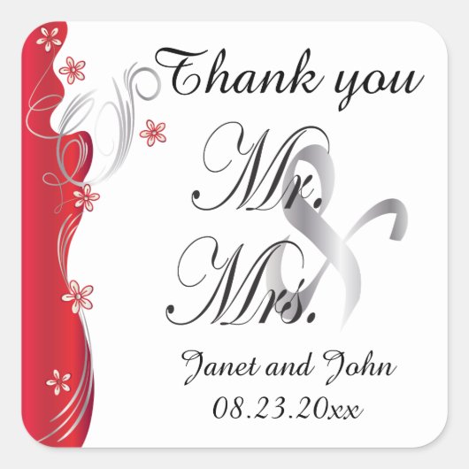 Modern Floral Wedding | Deep Red en Silver Vierkante Sticker (Voorkant)
