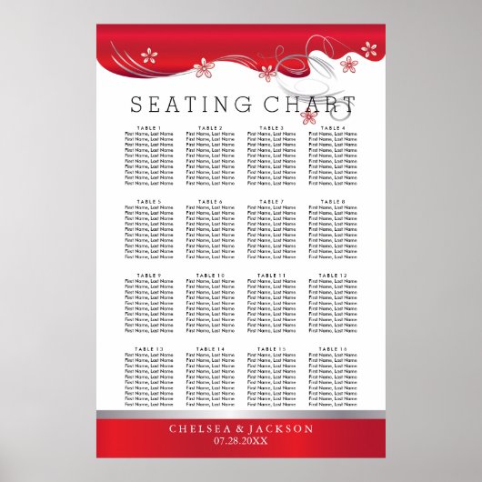 Modern Floral Wedding | Deep Red - Seating Chart Poster (Voorkant)