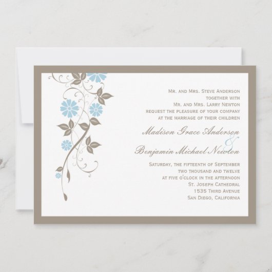 Modern Floral Wedding Invitation - Aqua Blue Kaart (Voorkant)