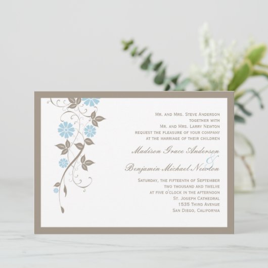 Modern Floral Wedding Invitation - Aqua Blue Kaart (Staand voorkant)