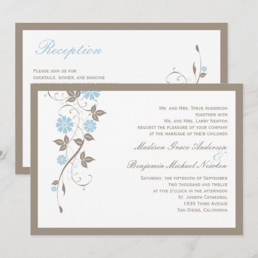 Modern Floral Wedding Invitation - Aqua Blue Kaart (Voorkant / Achterkant)