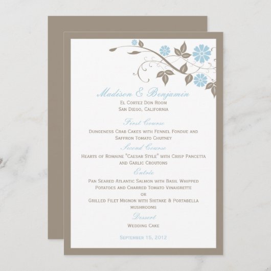 Modern Floral Wedding Menu - Aqua Blue (Voorkant / Achterkant)