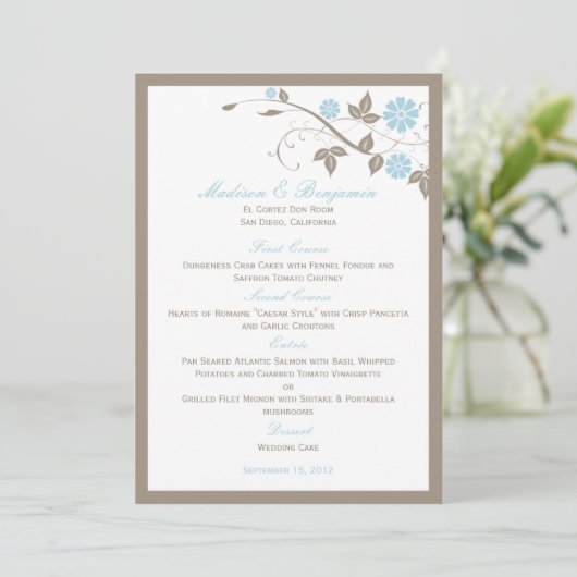 Modern Floral Wedding Menu - Aqua Blue (Staand voorkant)