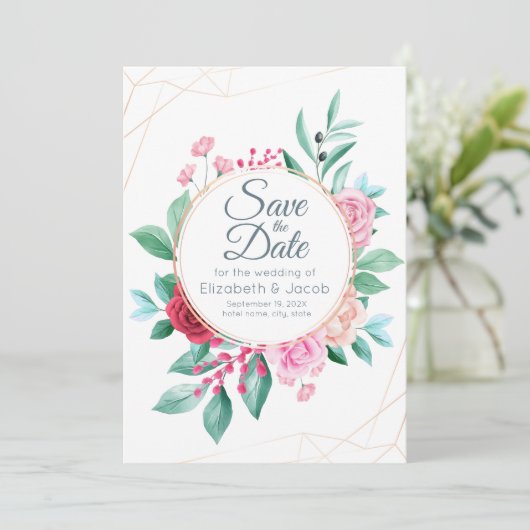 Modern Floral Wedding Roses & Eucalyptus Kaart (Staand voorkant)