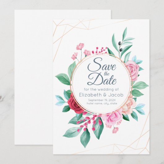 Modern Floral Wedding Roses & Eucalyptus Kaart (Voorkant / Achterkant)