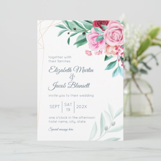 Modern Floral Wedding Roses & Eucalyptus Kaart (Staand voorkant)