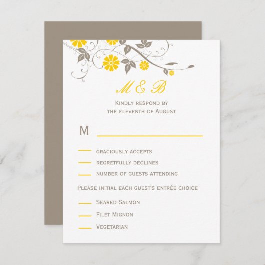 Modern Floral Wedding RSVP Card - Mustard (Voorkant / Achterkant)