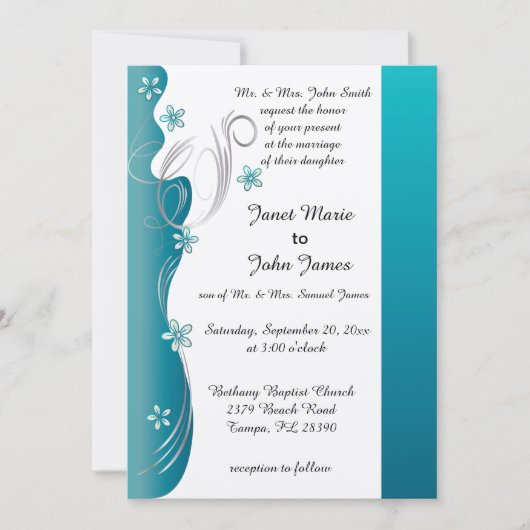 Modern Floral Wedding | Turquoise en Silver Kaart (Voorkant)