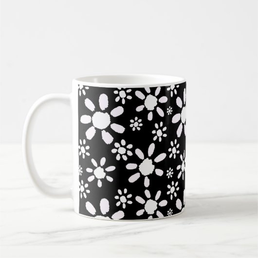 Modern Floral White Black Flower Pattern Koffiemok (Links)