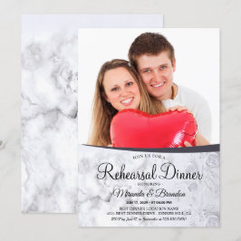 Modern Floral White Marble Photo Rehearsal Dinner Kaart