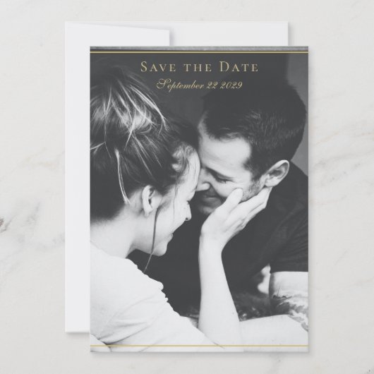 Modern Floral Wreath Black White Gold Wedding Save The Date (Voorkant)