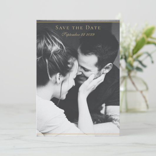 Modern Floral Wreath Black White Gold Wedding Save The Date (Staand voorkant)