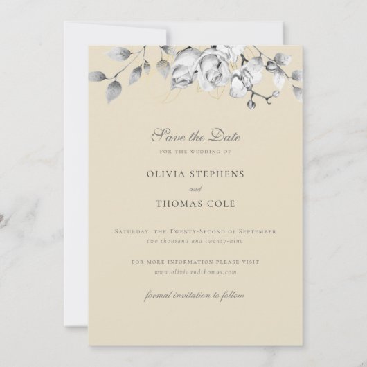 Modern Floral Wreath Black White Gold Wedding Save The Date (Achterkant)