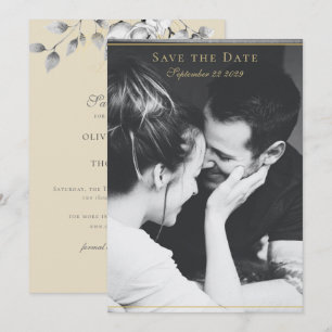 Modern Floral Wreath Black White Gold Wedding Save The Date