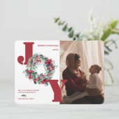 Modern floral wreath photo Christmas Joy red Feestdagenkaart (Staand voorkant)