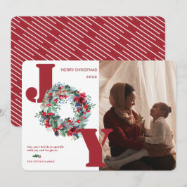 Modern floral wreath photo Christmas Joy red Feestdagenkaart