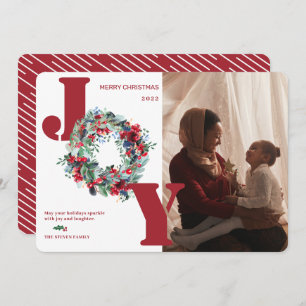 Modern floral wreath photo Christmas Joy red Feestdagenkaart