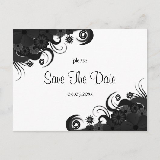 Modern Floral Zwart-wit Gothic Save The Date Aankondigingskaart (Voorkant)