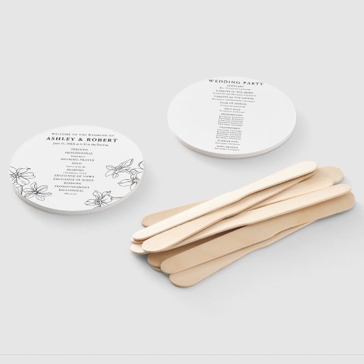 Modern Floral Zwart-Wit Huwelijksprogramma Handwaaier (Niet-gemonteerd)