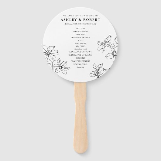 Modern Floral Zwart-Wit Huwelijksprogramma Handwaaier (Voorkant)