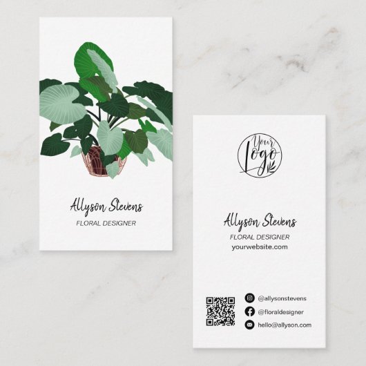 Modern florale designer plant white logo qr code visitekaartje (Voorkant / Achterkant)