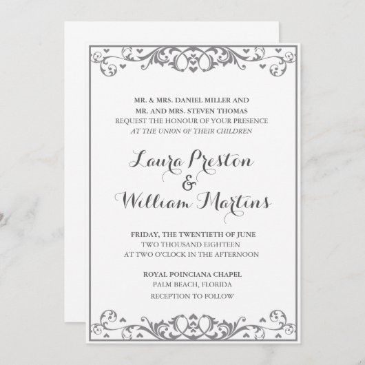 Modern Flourish & Heart Uitnodiging voor een bruil (Voorkant / Achterkant)