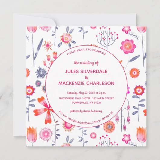 Modern Flower Garden Boho Pink Wedding Invitation Kaart (Voorkant)