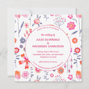 Modern Flower Garden Boho Pink Wedding Invitation Kaart