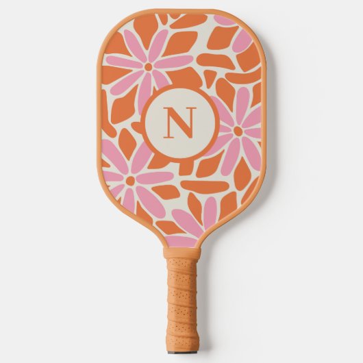 Modern Flower Pink & Sinaasappel Monogram Pickleball Paddle (Voorkant)