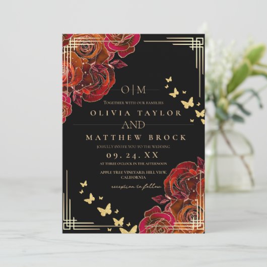 Modern Flower Red and  Black Gold Rose Wedding Kaart (Staand voorkant)